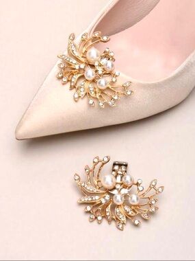 Gold Pearl Rhinestone Statement Shoe Clips Bridal Wedding Elegant Sparkle